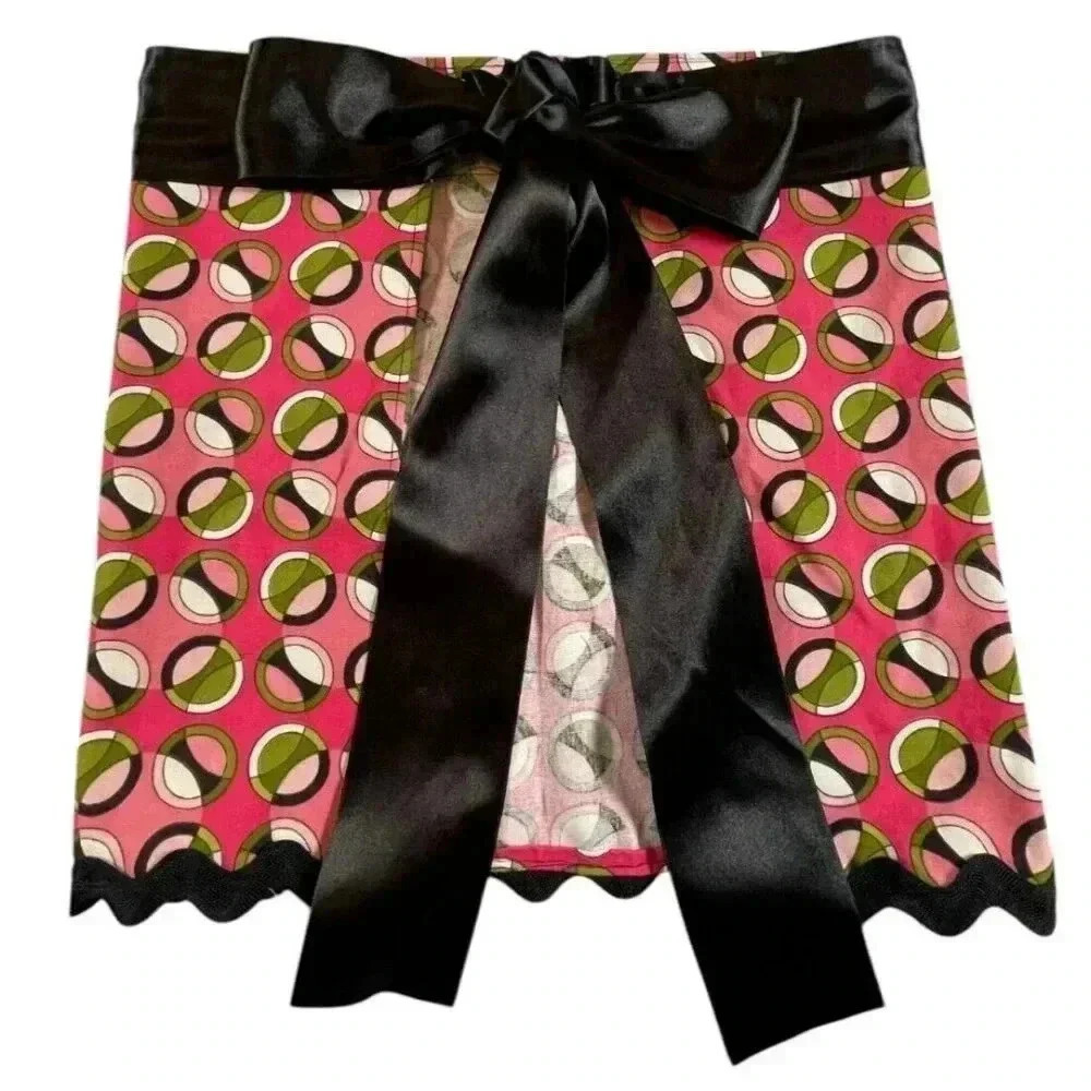 Handmade Pink Retro Print Half Apron with Black Ribbon Tie